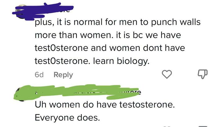 Screenshot of an online comment incorrectly claiming women lack testosterone, illustrating dumb people online.