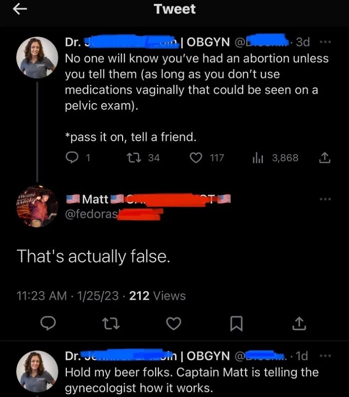 Screenshot of a tweet where an OBGYN is corrected by someone about abortion facts, showing dumb people online.