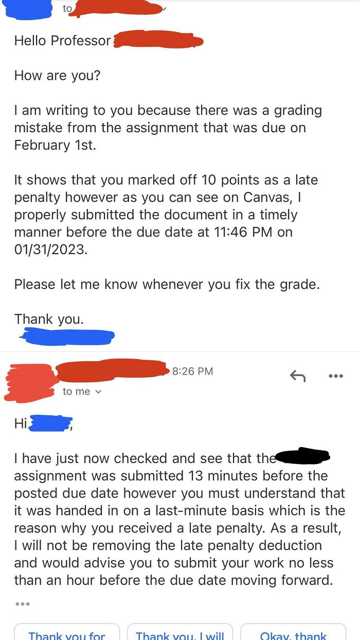 A professor's email reply to a student, highlighting an instance of someone being dumb and receiving a late penalty.