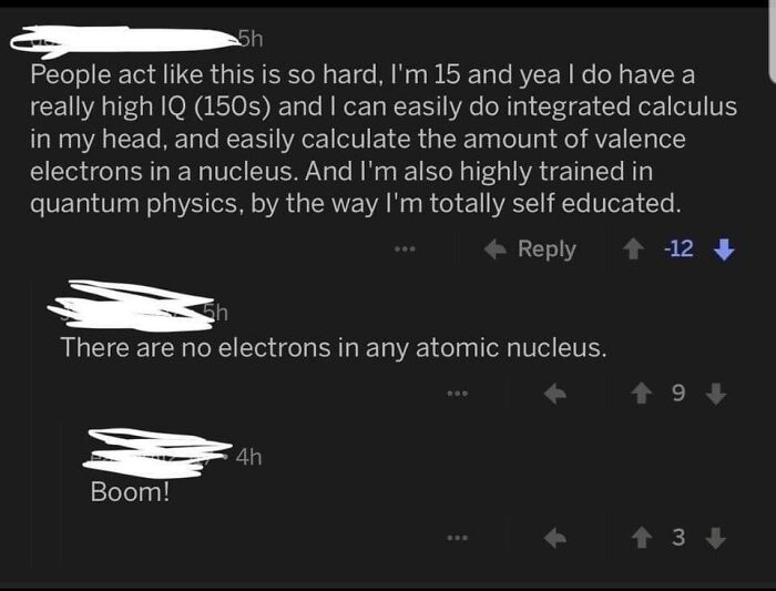 A social media comment where a self-proclaimed genius is exposed for a dumb mistake in science.