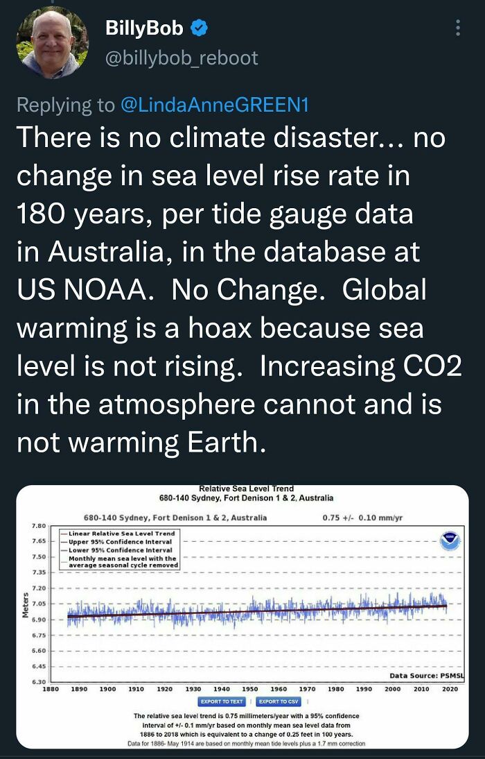 Billy Bob's tweet and graph claiming no climate disaster or sea level rise, portraying a dumb argument.
