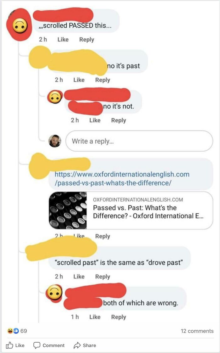 A series of social media comments debating the correct usage of passed vs. past, showcasing dumb grammar errors.