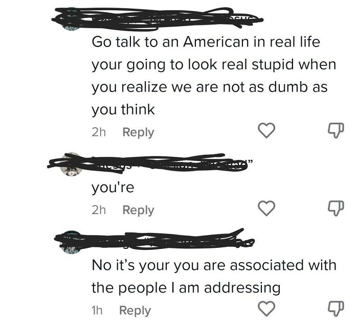 A social media comment section where someone makes a dumb grammatical error, mistaking your for you're.