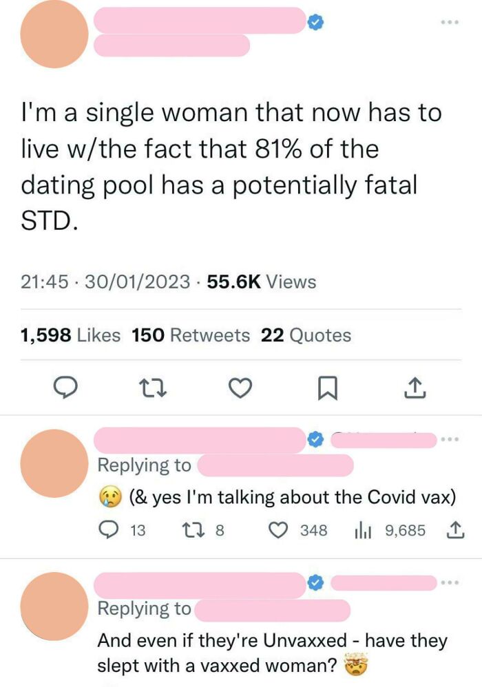 A Twitter thread by a dumb person claiming 81% of the dating pool has a potentially fatal STD due to the Covid vax, illustrating low IQ.