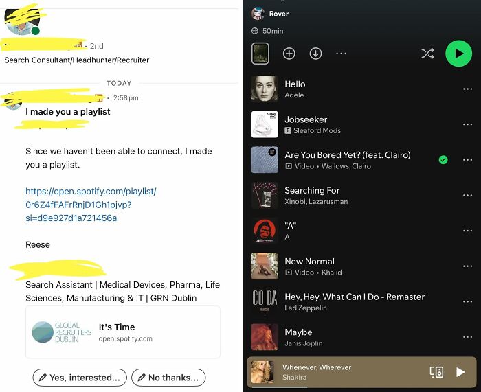 A recruiter sends a Spotify playlist as a new job outreach. The new job post highlights recruiting hell.