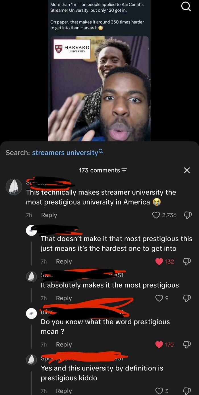 A screenshot of a debate on whether streamer university is the most prestigious, showing dumb people's logic.