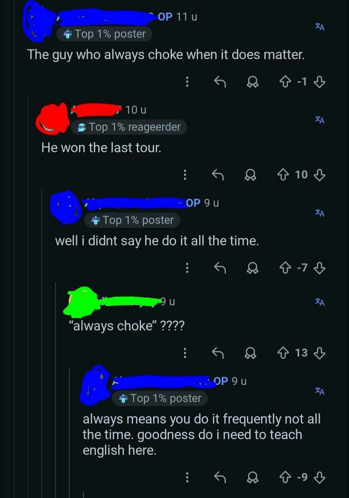 A screenshot of a conversation about the definition of 'always choke,' showcasing dumb people online.