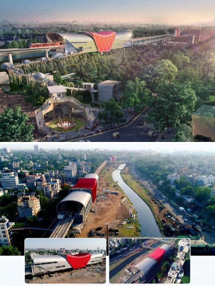 Architects vision versus reality of a multi-level transport hub and green space, juxtaposed with the built reality along a river.