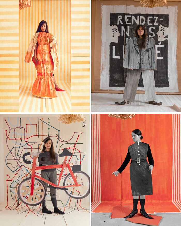 Four surreal paper creations: orange mermaid dress, grey striped suit, woman with a paper bike, and a dark paper dress, blurring fashion, sculpture, and photography.