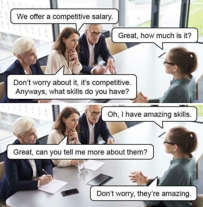 Interview meme illustrating competitive salary issues for a new job, showcasing recruiting hell.