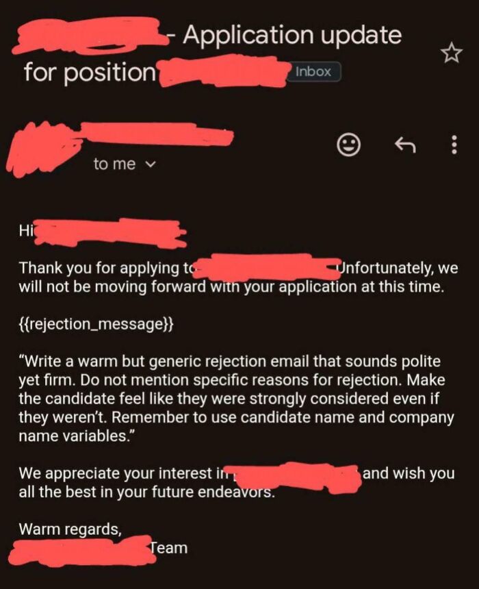 An email showing a new job application rejection with a visible placeholder text for a generic message, revealing recruiting hell.
