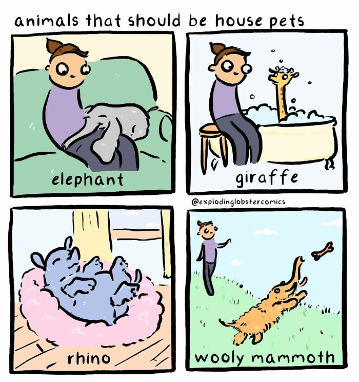 A comic depicting various wild animals like an elephant, giraffe, rhino, and wooly mammoth as house pets. One of 57 comics.