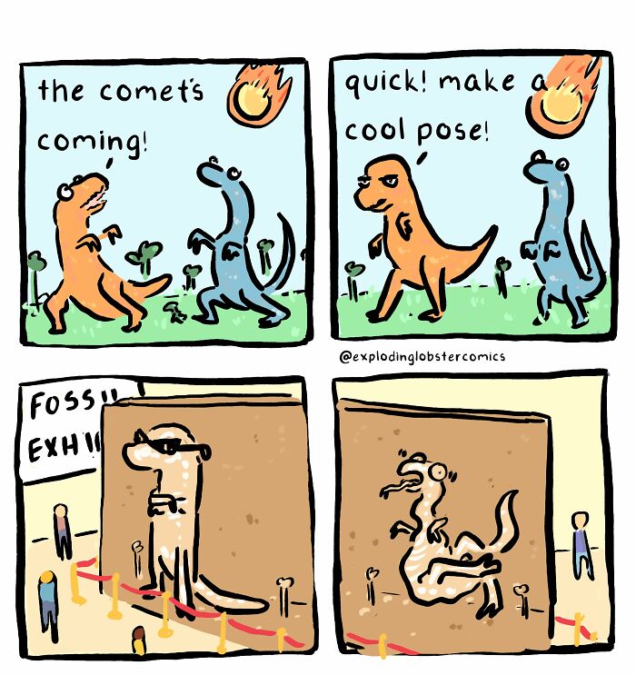 A comic featuring two dinosaurs making questionable life choices to pose cool before becoming fossils in a museum exhibit.