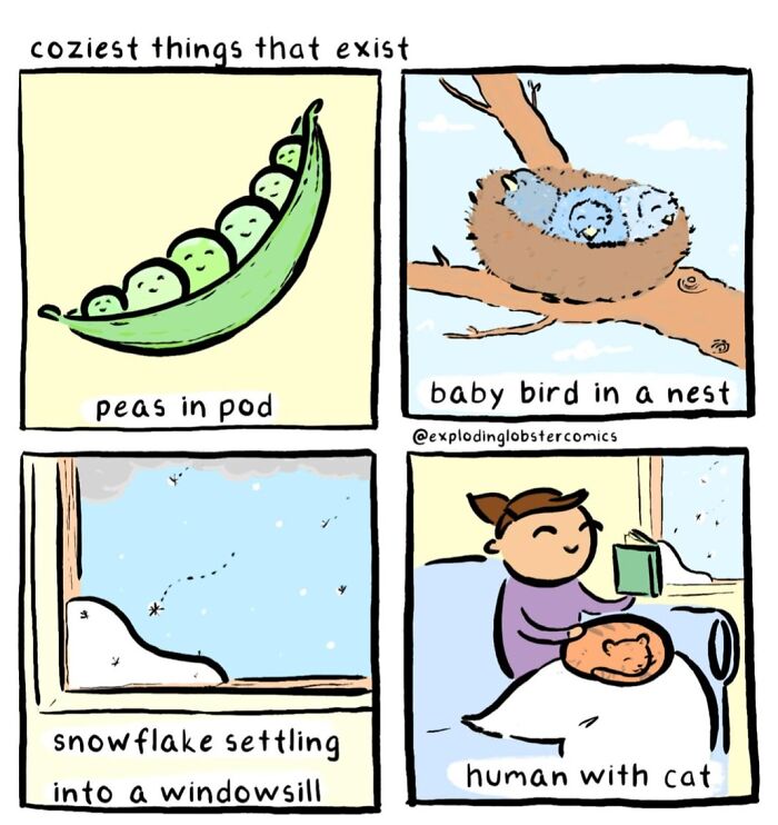 A comic of cozy things, including a cat. Cats and comics.