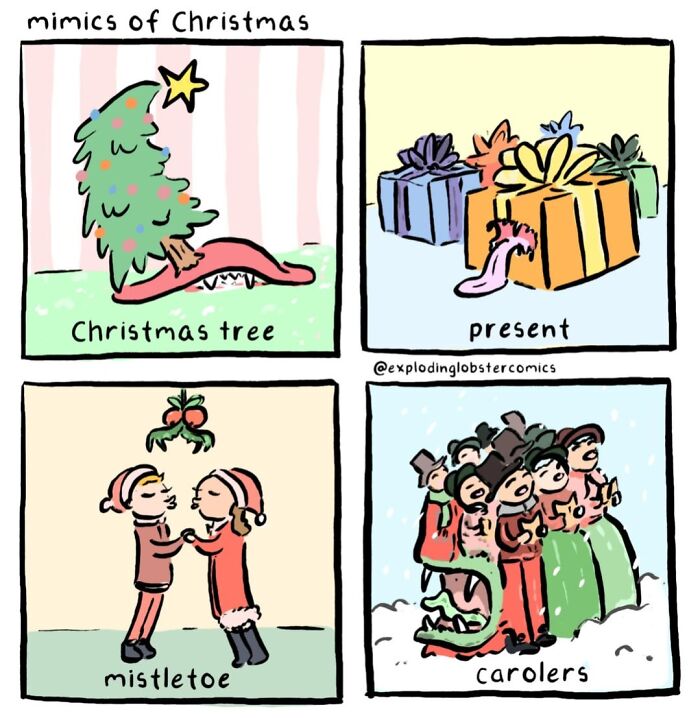 An artist's comics depicting cryptids making questionable life choices as Christmas items.