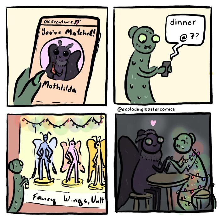 An artist's comics about cryptids and questionable life choices on a dating app and dinner date.