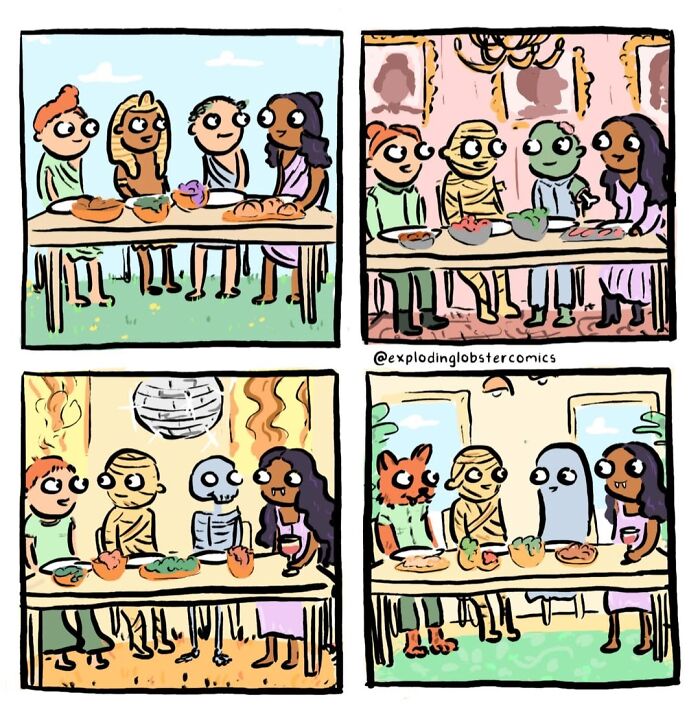A comic strip showing humans, cryptids, and monsters dining together, exploring questionable life choices.