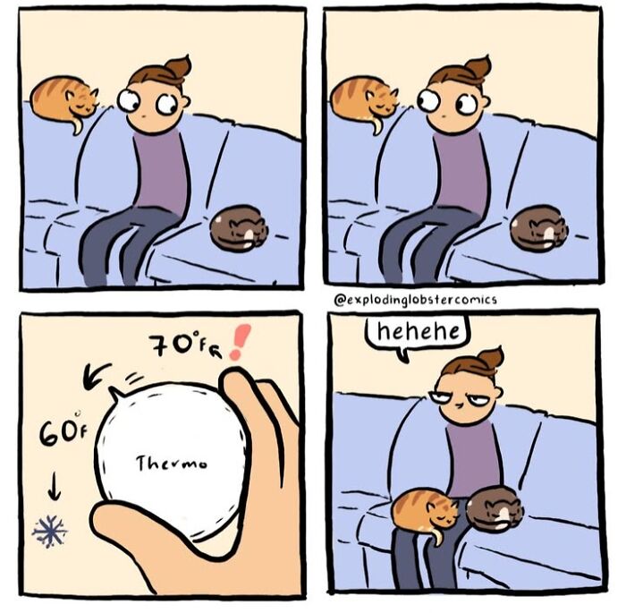 A comic of a person using cats as warmers, depicting a questionable life choice about adjusting the thermostat.
