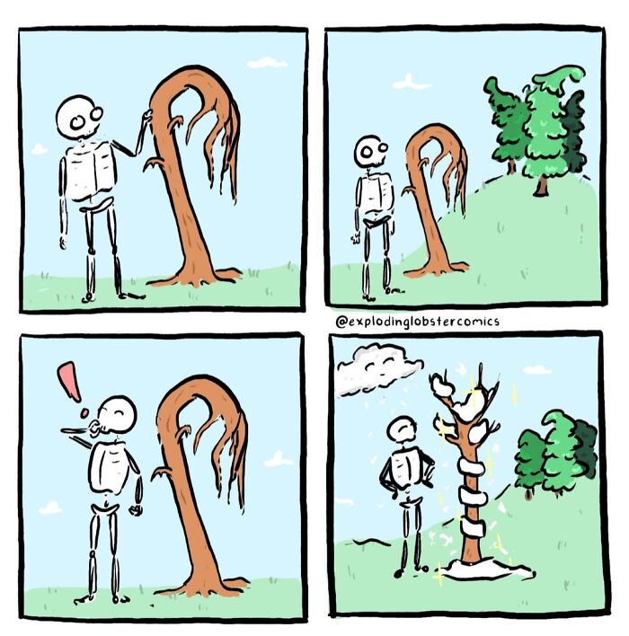 A comic of a skeleton watering a tree that eventually blooms, illustrating questionable life choices.