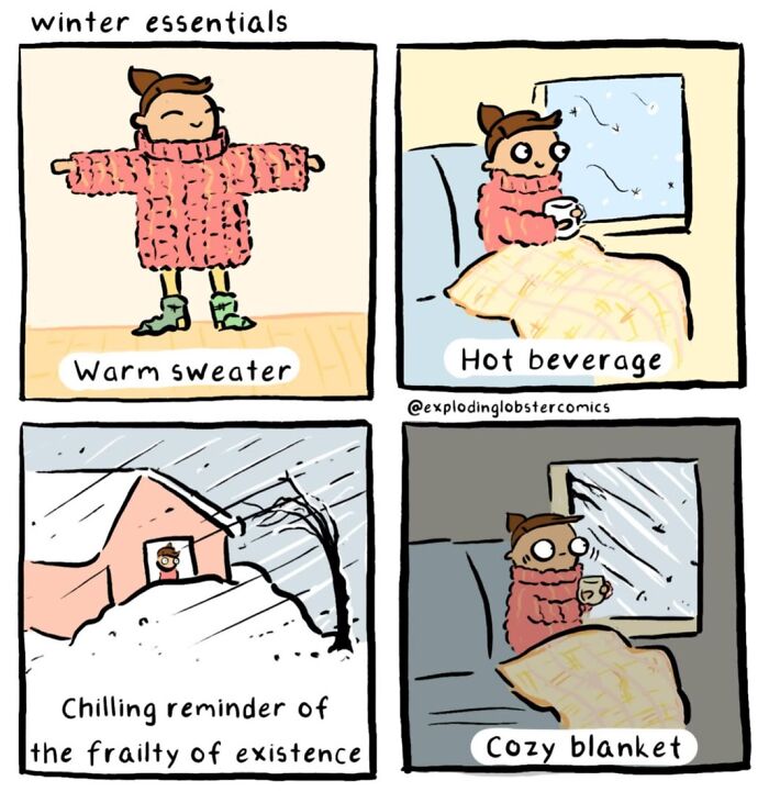 A comic about winter essentials: a warm sweater, hot beverage, snow, and a cozy blanket, showing questionable life choices.