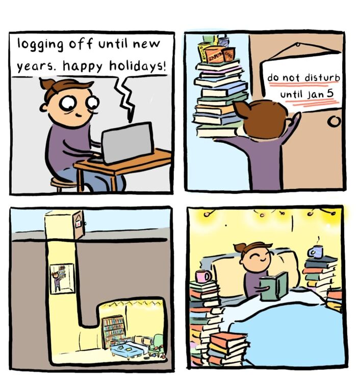 A comic showing someone enjoying comics in bed, highlighting questionable life choices.