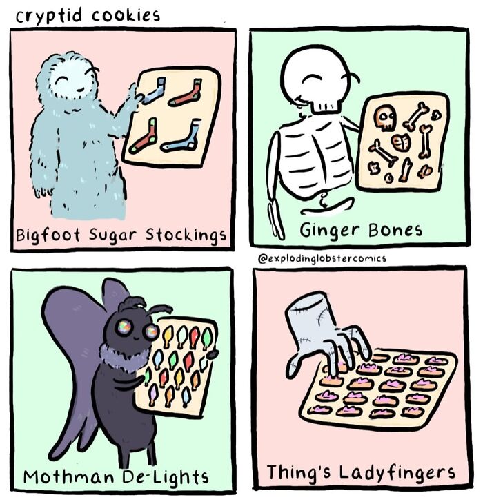 An artist's comics featuring cryptids and cats making questionable life choices with cookies.