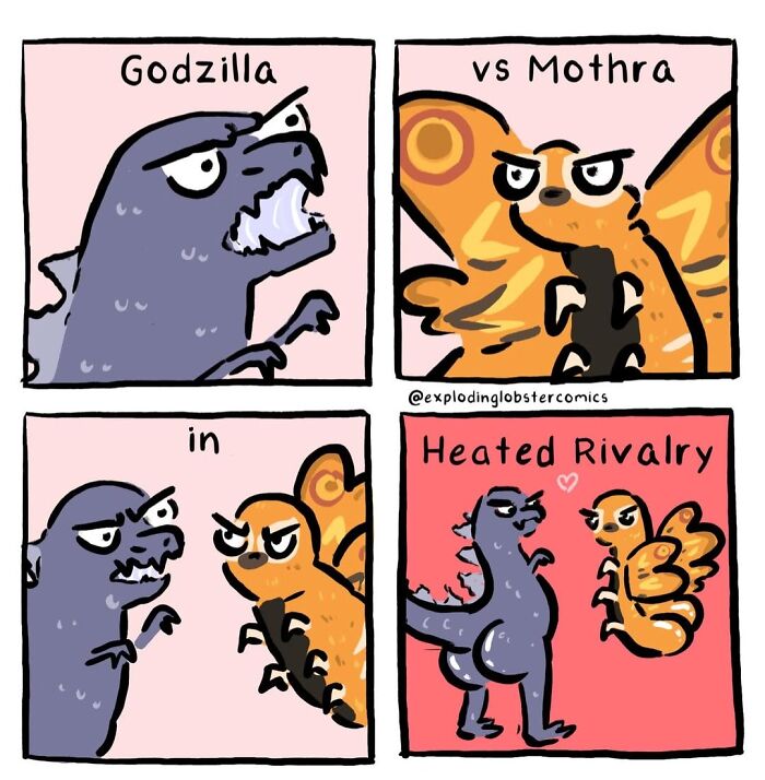 Artist's comics: Godzilla and Mothra in a heated rivalry.
