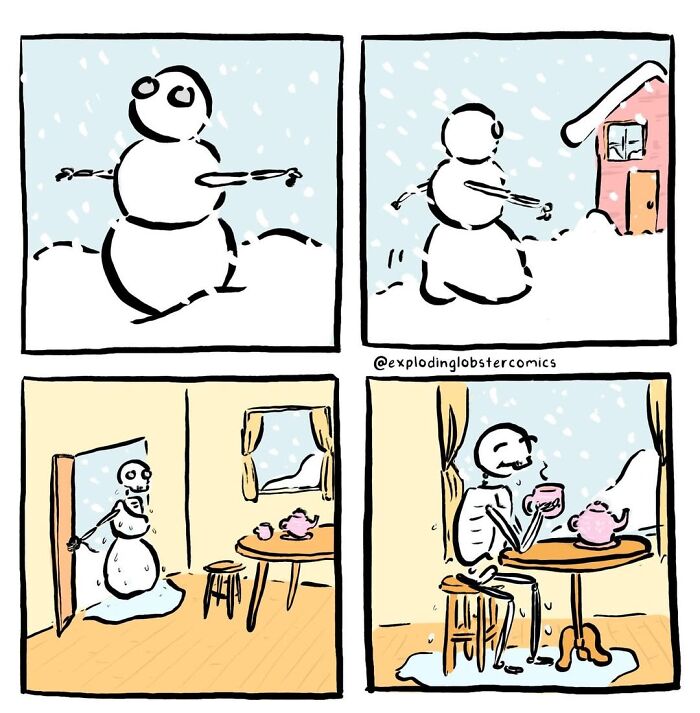 Artist's comics: A snowman transforming into a skeleton after coming inside a house to drink tea.