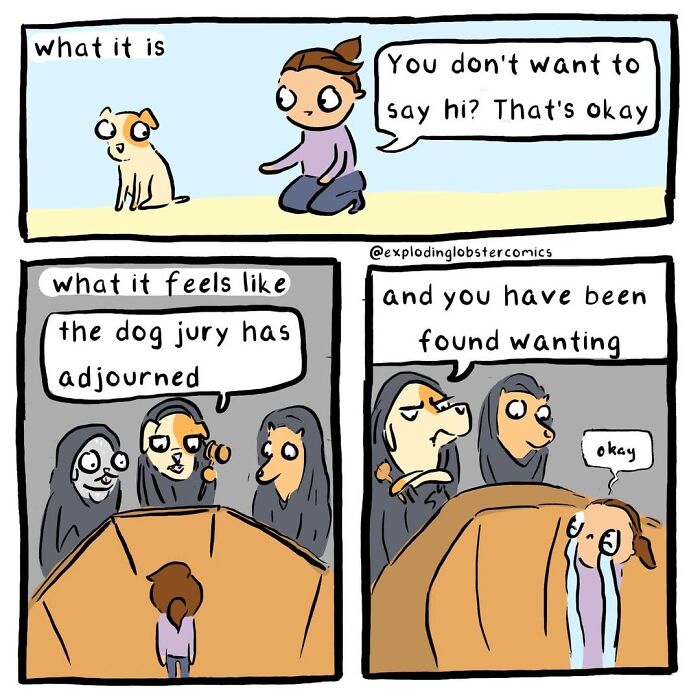 Artist's comics: A person interacting with a small dog and then being judged by a jury of dogs.
