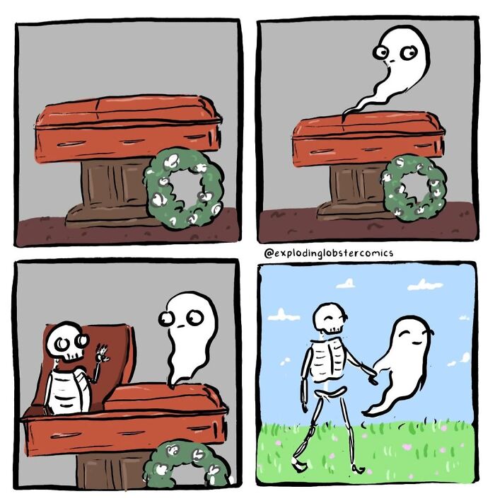 A comic illustrating a ghost emerging from a coffin and making questionable life choices to befriend a skeleton.