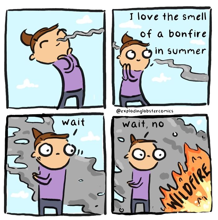 A comic strip about a person confusing bonfire smell with wildfire, featuring cats, cryptids and questionable life choices.