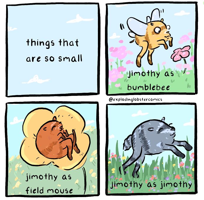 A four-panel comic illustrating Jimothy as a bumblebee, field mouse, and himself, fitting the cryptids theme.
