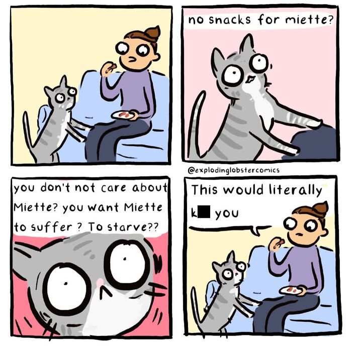 A comic featuring a cat demanding snacks, highlighting the humorous life choices and cryptids themes.