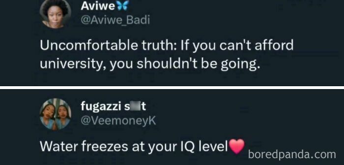 Two tweets, one about not affording university and another stating Water freezes at your IQ level, showcasing savage verbal knockouts.