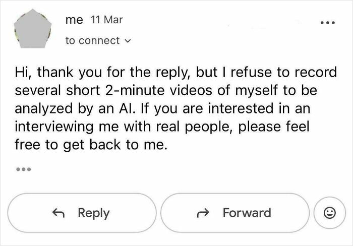 Email refusing to record videos for a new job, highlighting recruiting hell.