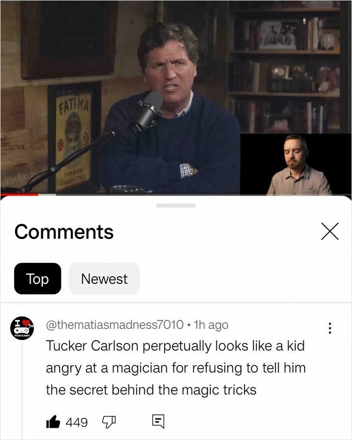 A screenshot of a comment saying Tucker Carlson looks like a kid angry at a magician, highlighting verbal knockouts.