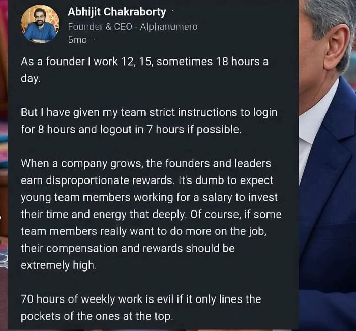 A screenshot of a LinkedIn post about work-life balance and fair compensation for employees.