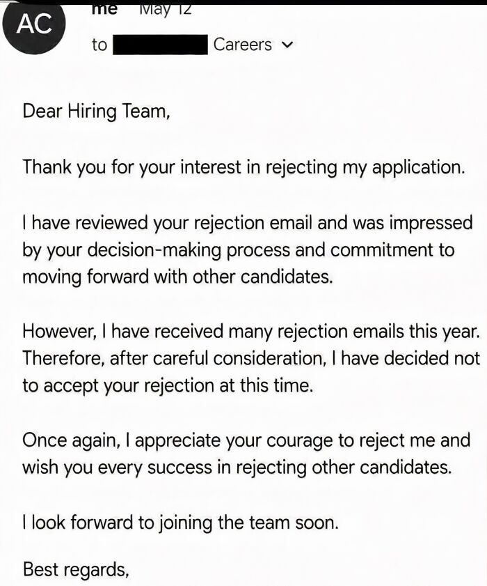 LinkedIn meme about work-life balance: a hilarious email rejecting a job rejection. Perfect for a laugh!