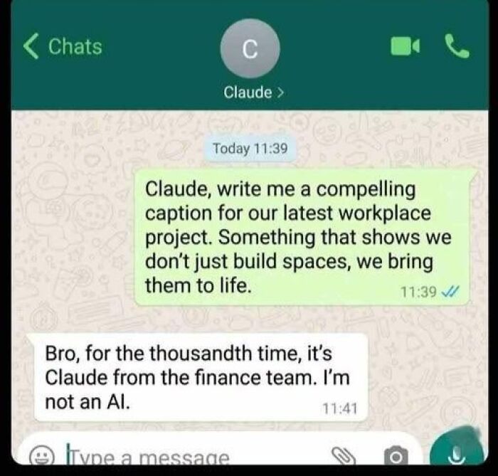 A WhatsApp conversation meme showing a person asking Claude (an AI) for a workplace caption, mistaking finance team member Claude for an AI, humorously touching on work-life balance.