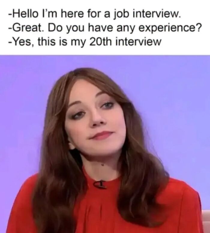 A LinkedIn meme featuring a woman at a job interview, joking about her extensive interview experience and work-life balance.