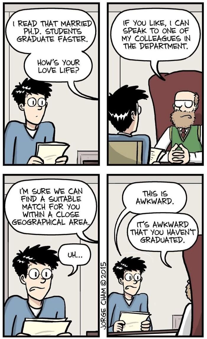 A comic strip LinkedIn meme about a PhD student, love life, and work-life balance.