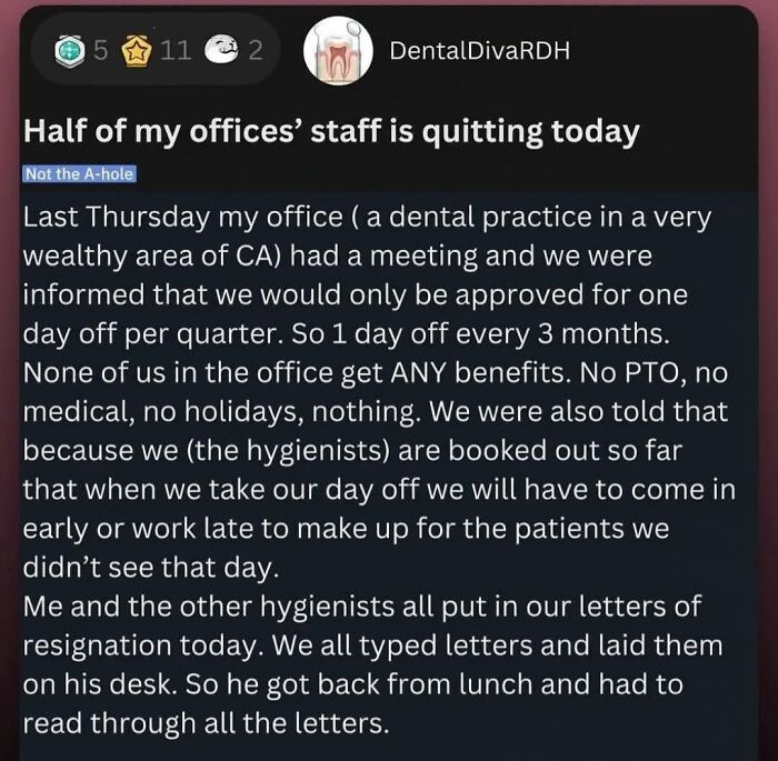 A LinkedIn post describing a dental office staff quitting, a scenario impacting work-life balance due to poor management.