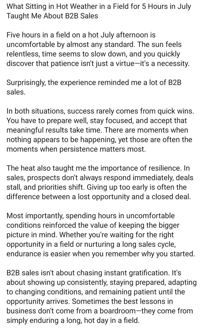 A long article on LinkedIn about B2B sales, highlighting resilience and patience in achieving work-life balance.