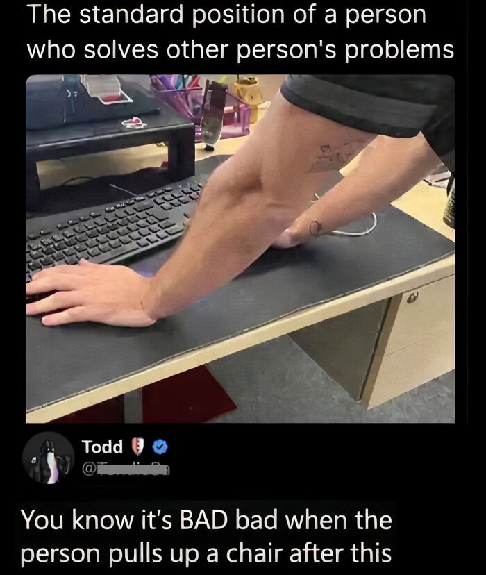 A funny LinkedIn meme of a person leaning on their desk, solving problems, depicting work-life balance struggles.