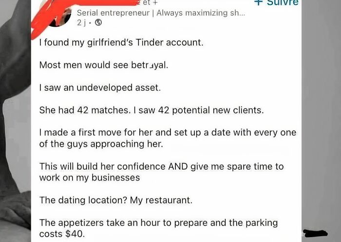 A LinkedIn meme with a Chad figure, showing a serial entrepreneur finding new clients on his girlfriend's Tinder for work-life balance.