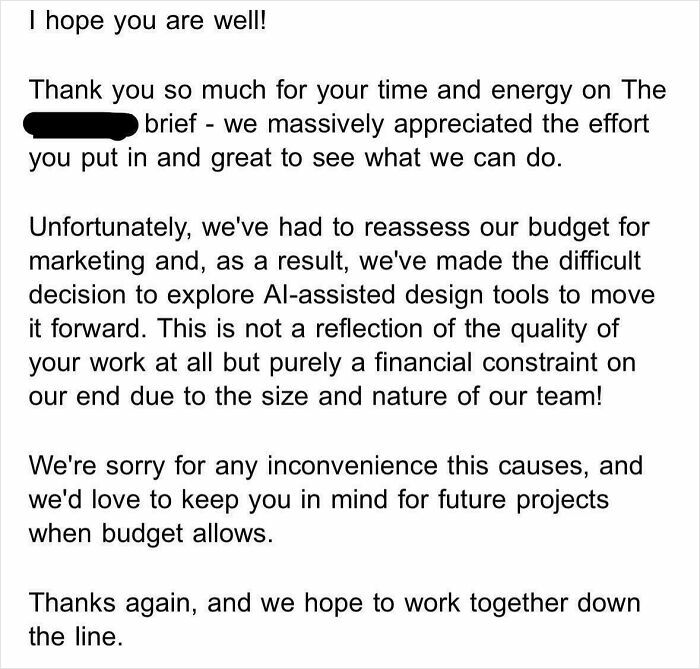 An email declining a project due to budget reassessment and exploring AI-assisted design tools for a new job.