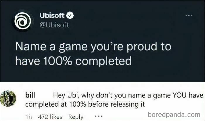 A screenshot of a Ubisoft tweet asking about 100% completed games, met with a savage verbal knockout reply.