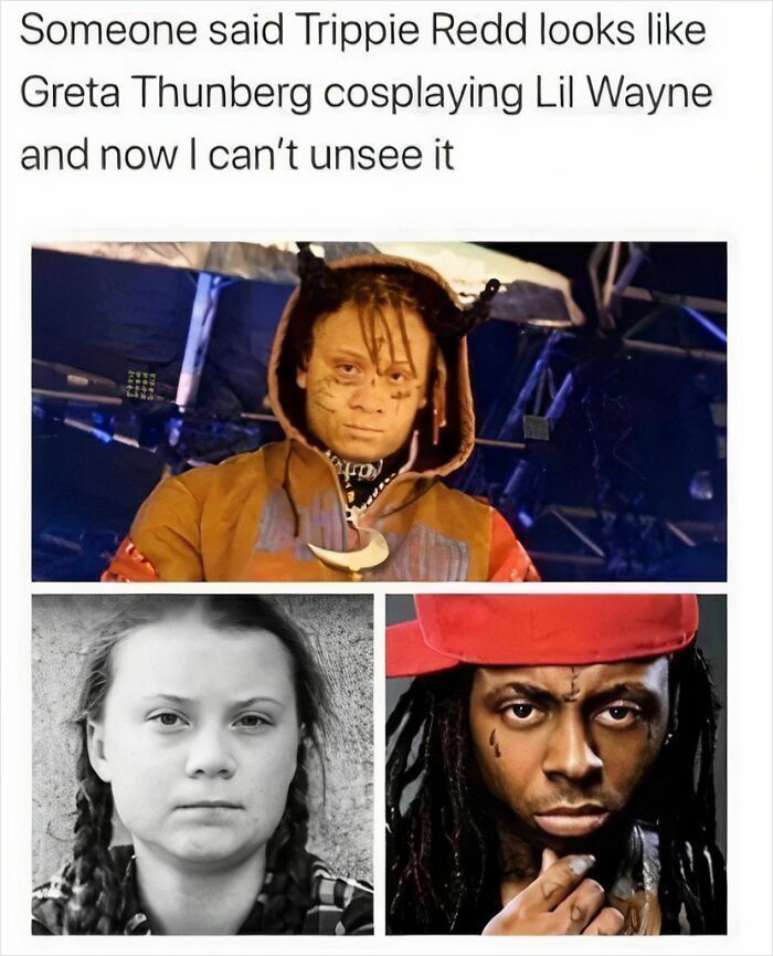 An image showing Trippie Redd, Greta Thunberg, and Lil Wayne, with text about a verbal knockout comparing Trippie Redd to the other two.