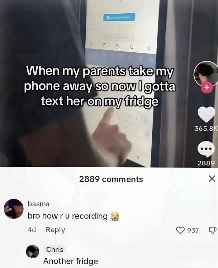 A screenshot of a phone showing a TikTok video about texting on a smart fridge, a confusing pic that doesn't make sense.