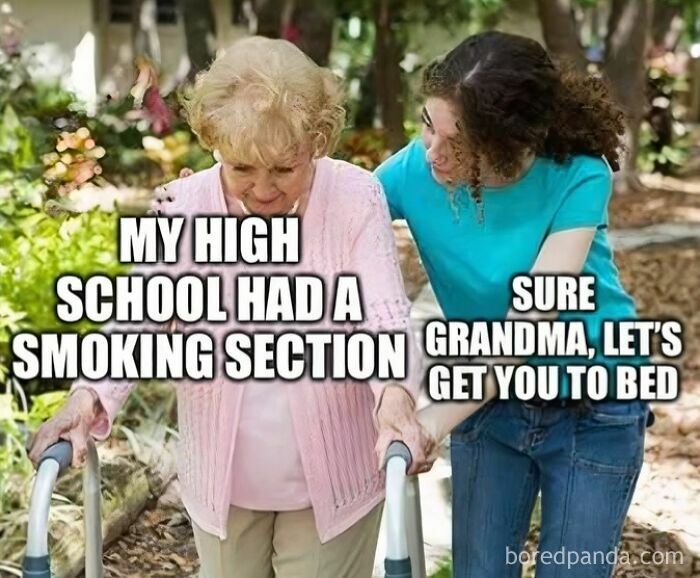 A Gen X meme showing an older woman telling a younger woman about a high school smoking section.